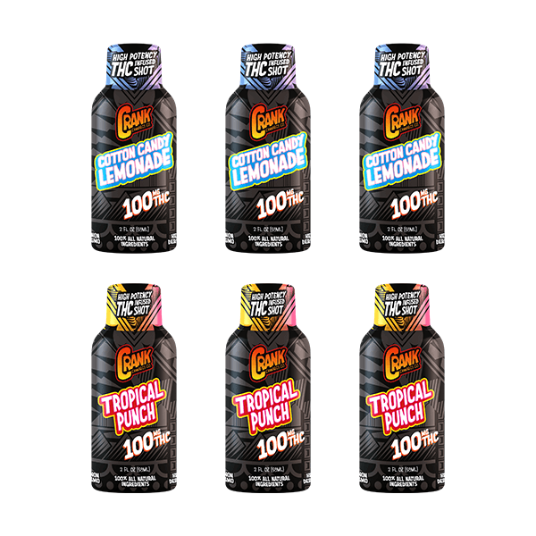Crank Cannabis – THC Shot – 2oz. Bottle – 100mg D9 THC – 6pk Variety Flavor Bundle