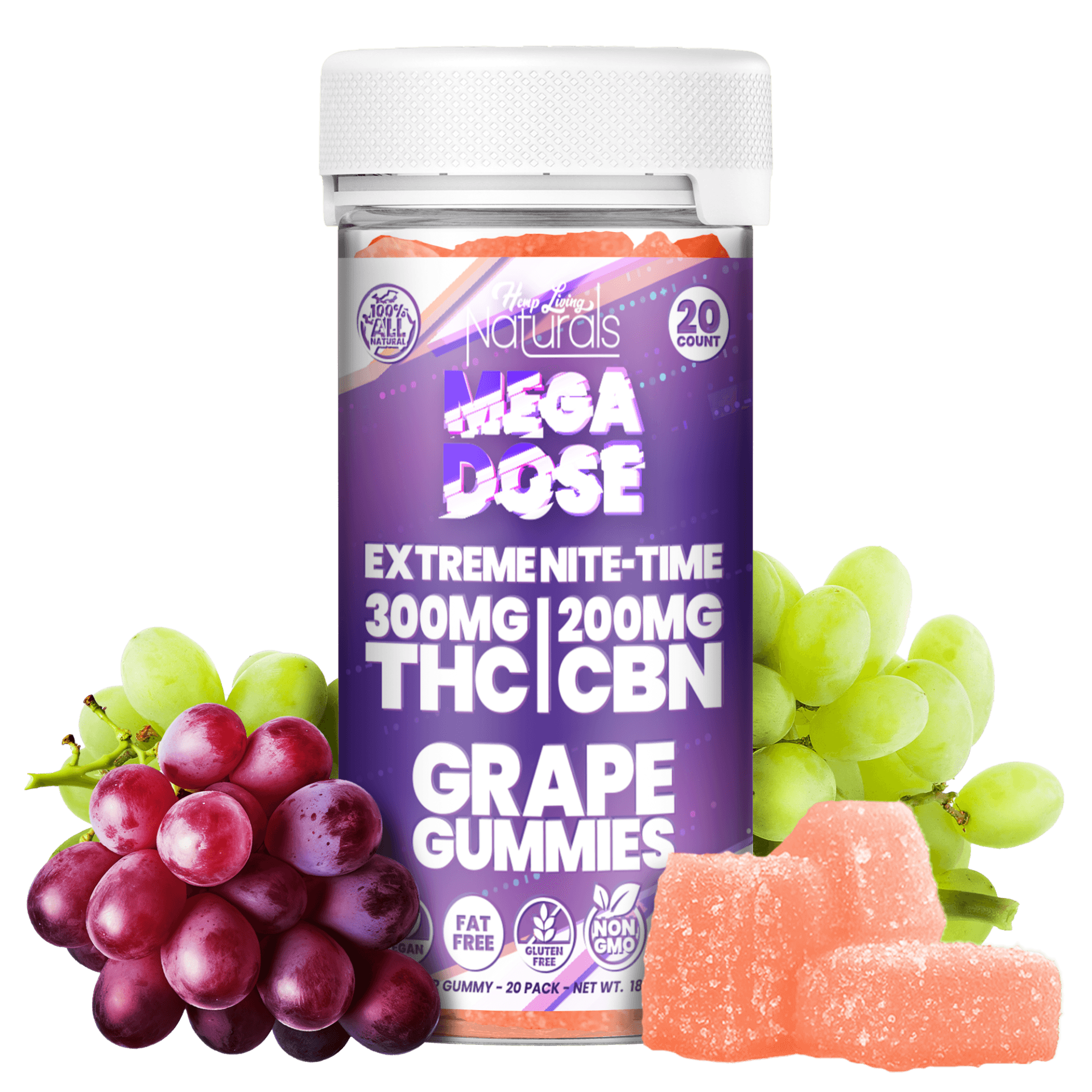 Naturals – Mega Dose Sleep – 15mg D9 + 10mg CBN Gummies – Grape – 20ct Jar – 300mg THC
