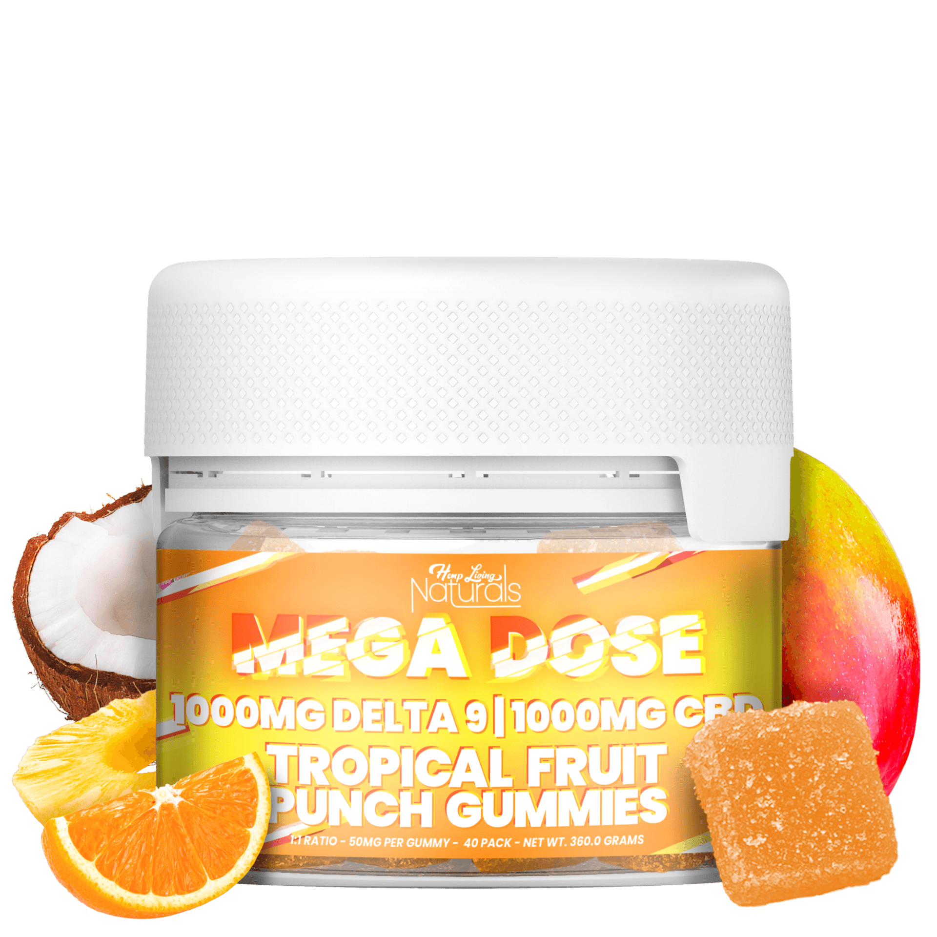 Naturals – Mega Dose 1:1 Ratio – 25mg D9 + 25mg CBD Gummies – Tropical Fruit Punch – 40ct Jar – 1000mg THC
