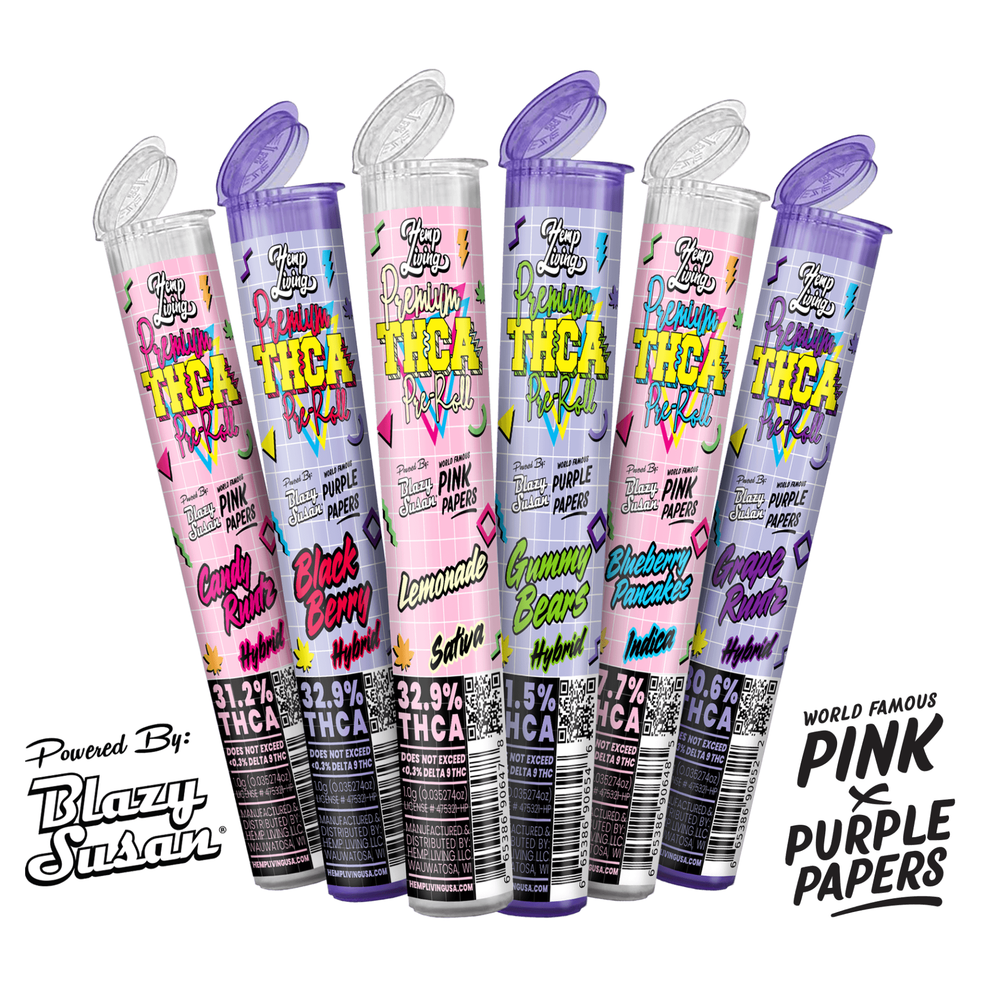 Blazy Susan x Hemp Living – Purple and Pink Paper 1g Premium THCA Pre-roll – Variety 6pk