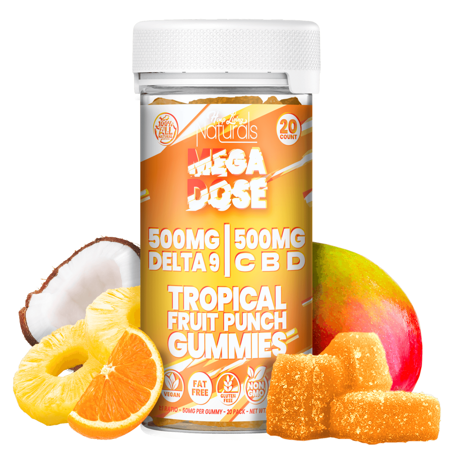 Naturals – Mega Dose 1:1 Ratio – 25mg D9 + 25mg CBD Gummies – Tropical Fruit Punch – 20ct Jar – 500mg THC